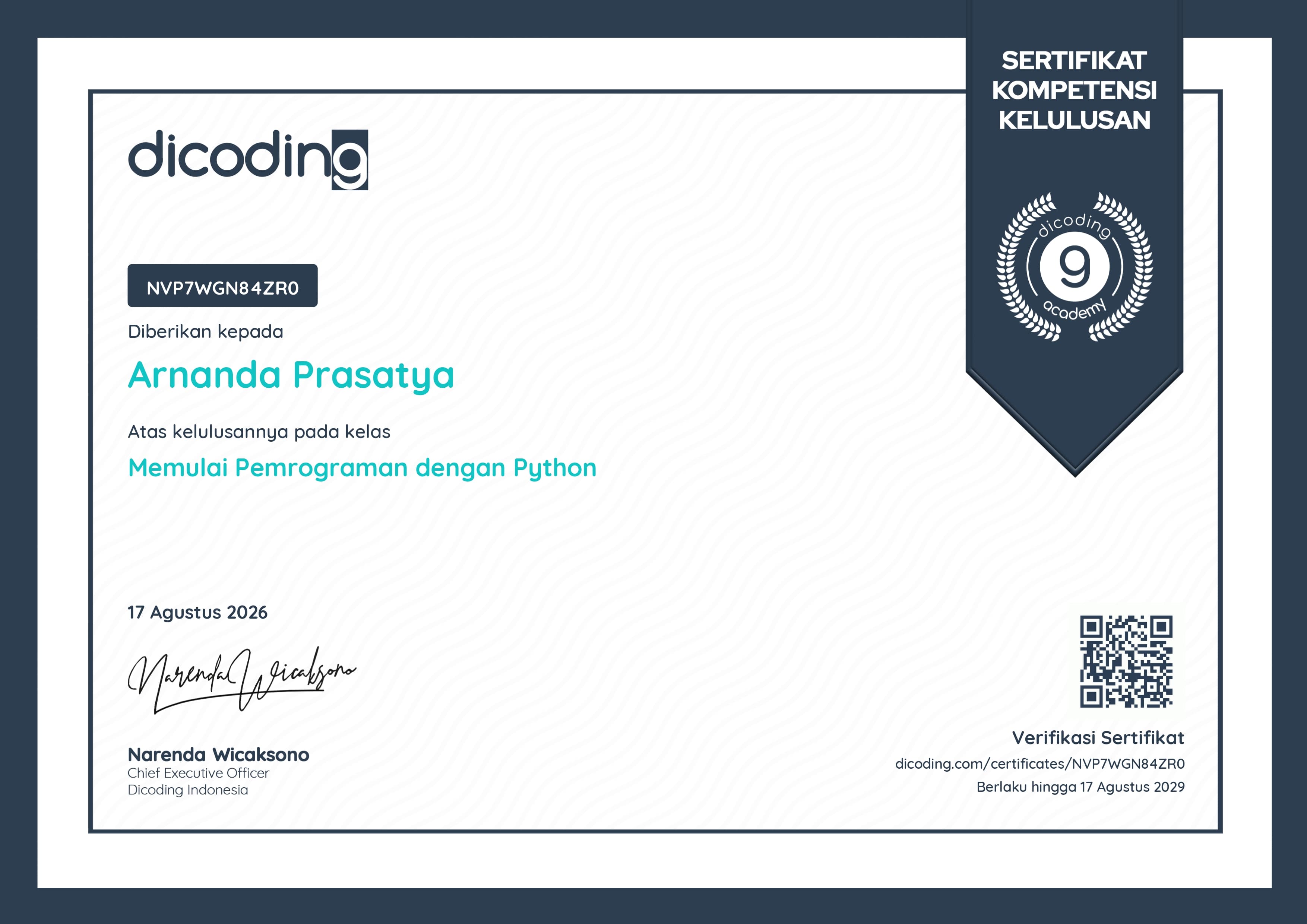 Sertifikat Memulai Pemrograman dengan Python